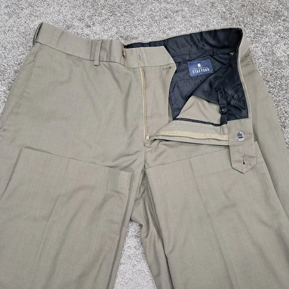 Stafford Travel Mens Classic Fit Khaki Tan Dress Pants 36x30 Flat Front Slacks